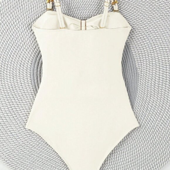 White Sexy Women's Hollow Out Solid Color Daily One-Piece Swimsuit - Picture 3 of 5